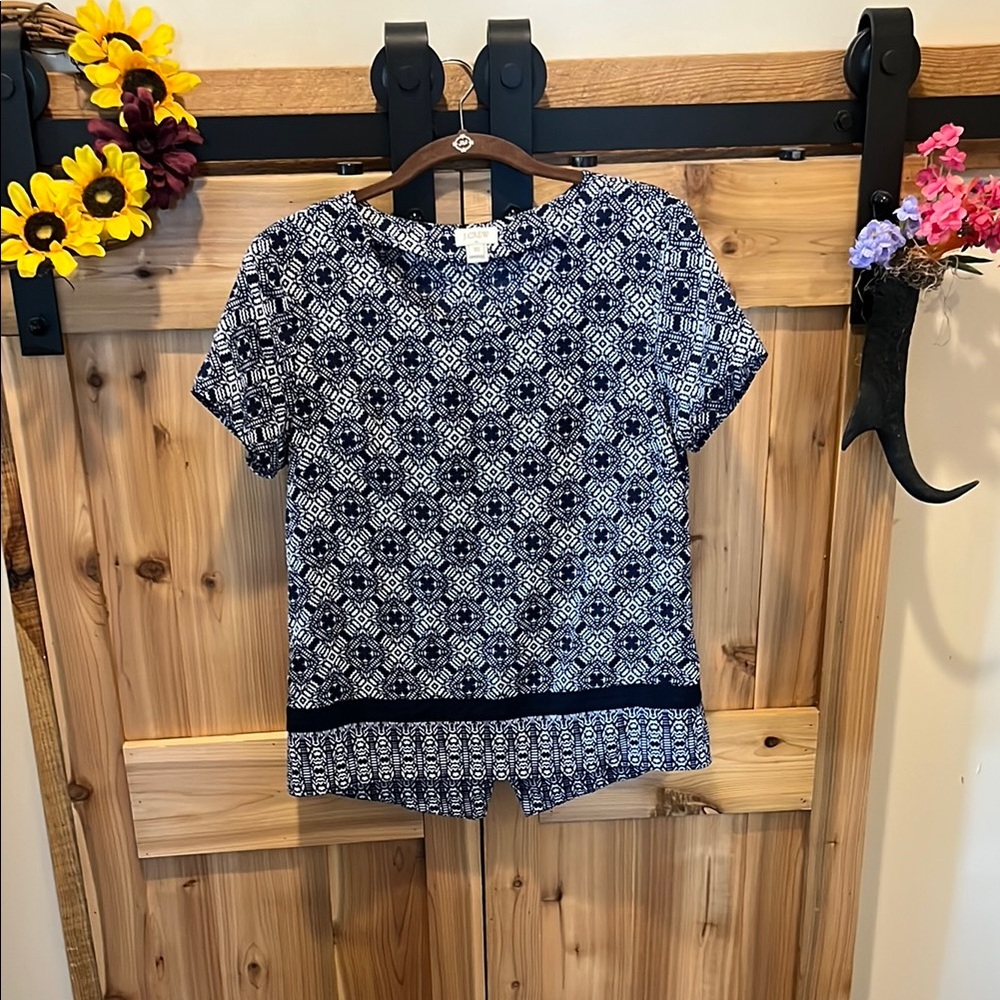 J. Crew Navy and White Geometric Blouse